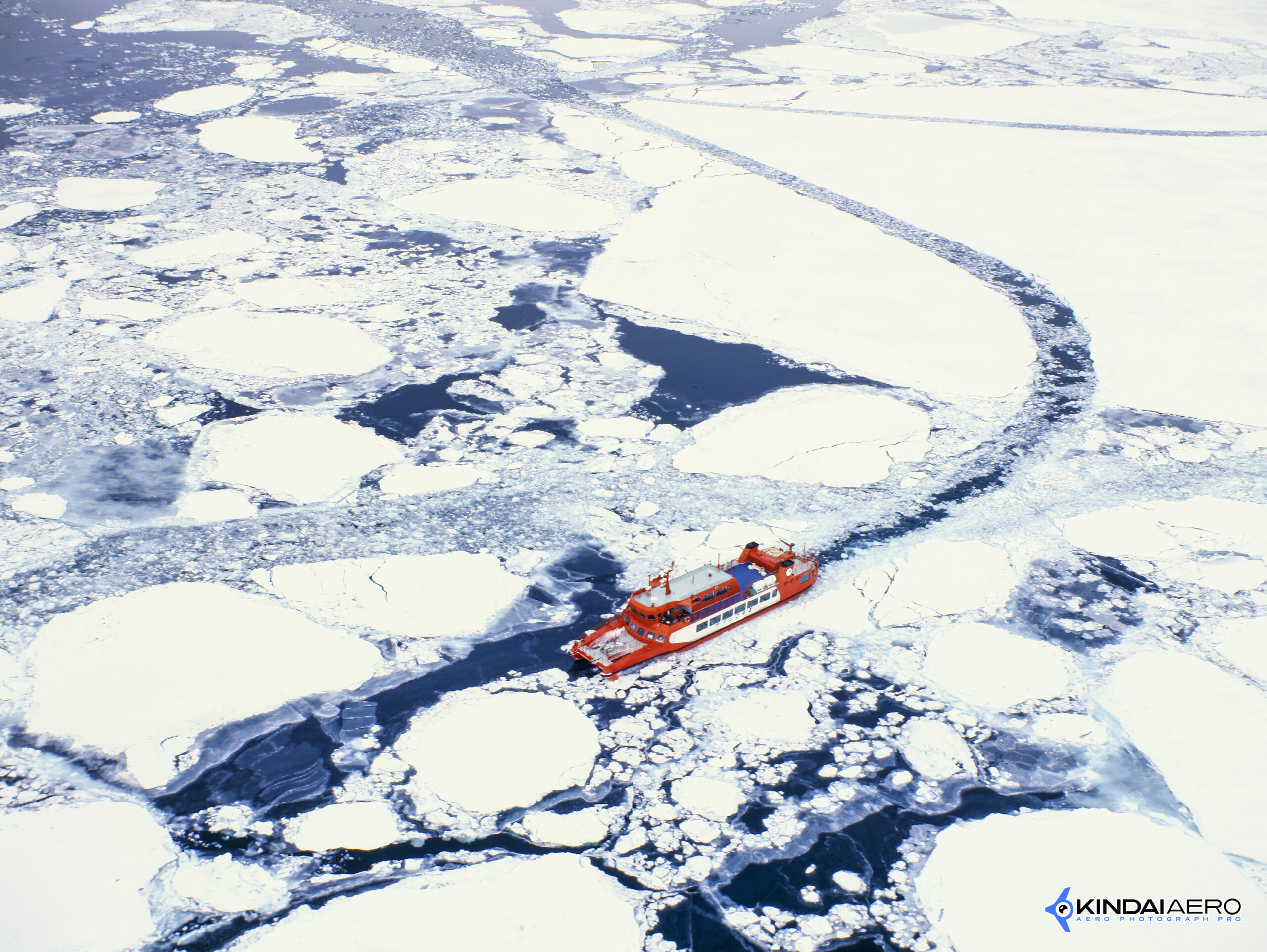 北海道紋別市 流氷とガリンコ号の航空写真撮影 1997-02