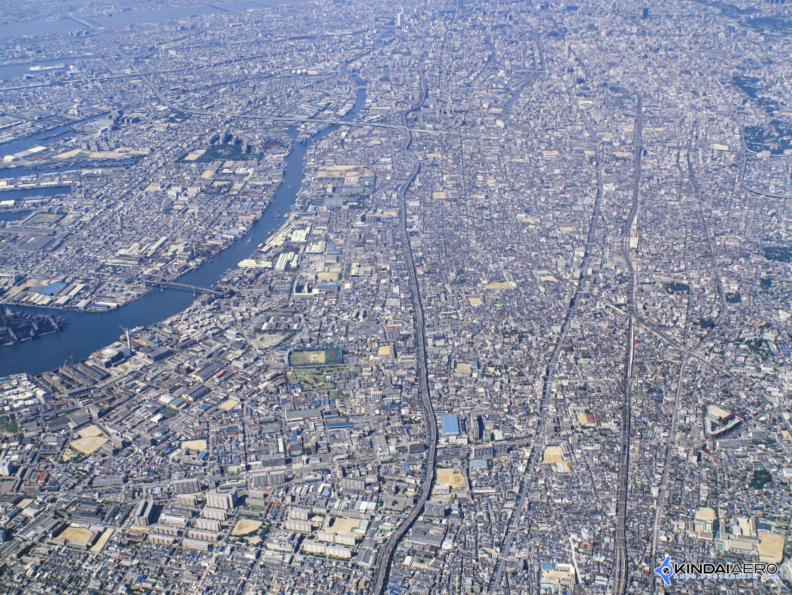 大阪府西成区・木津川 阪神高速道路の航空写真撮影 1987-09