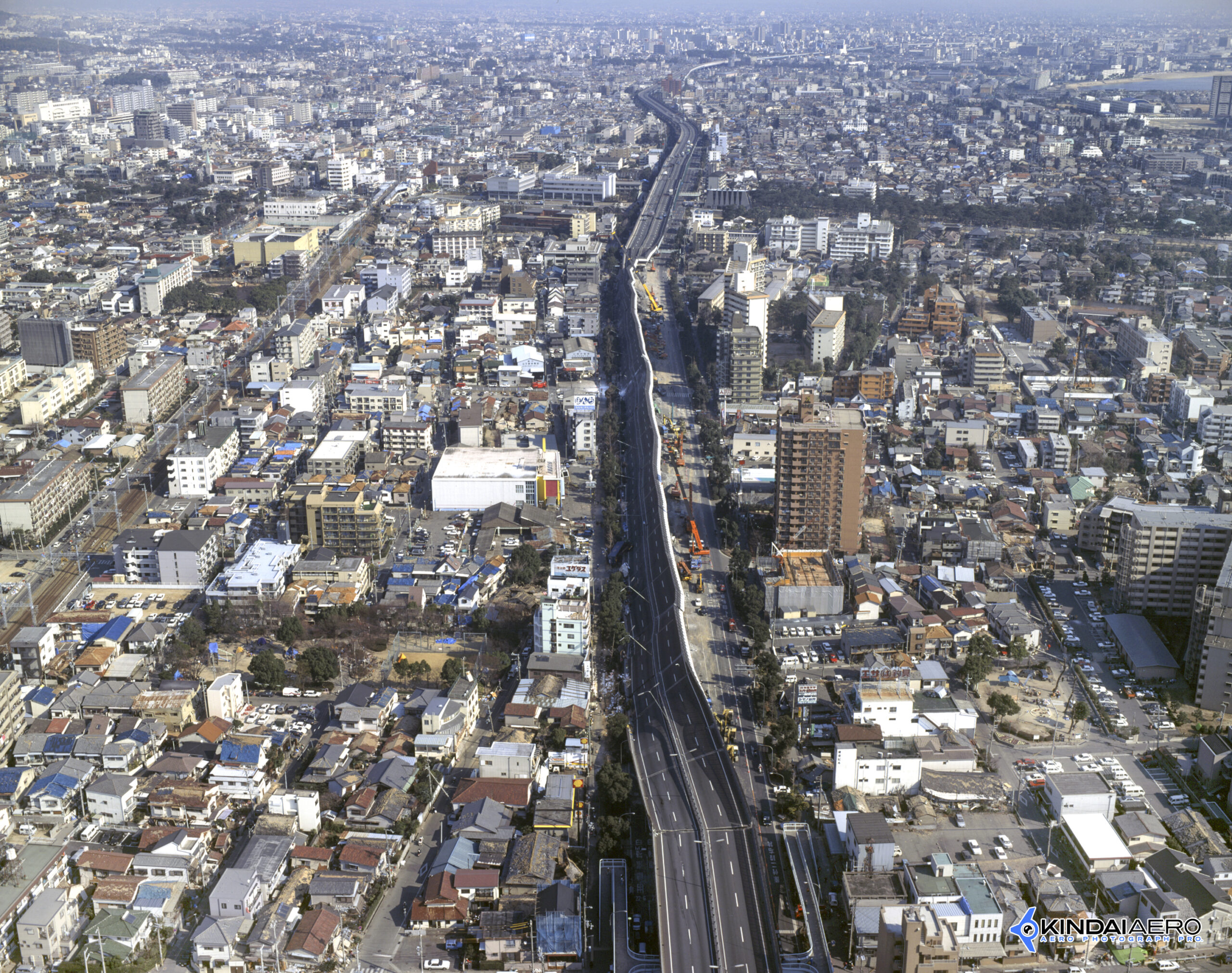 阪神・淡路大震災 神戸市東灘区-阪神高速道路倒壊の航空写真撮影 1995年